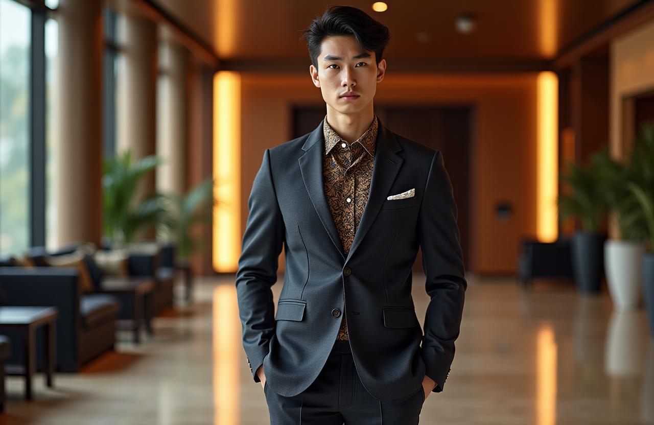 Seorang model pria mengenakan setelan jas modern dengan sentuhan batik di sebuah lobi gedung mewah di Jakarta.