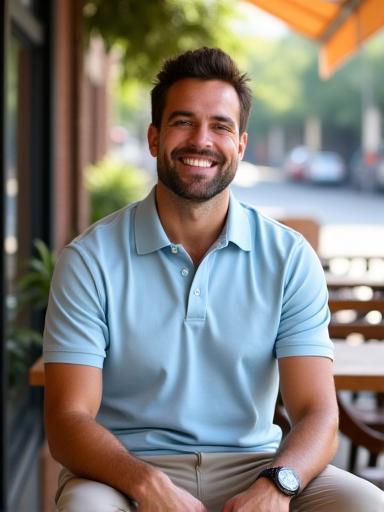 Seorang pria tersenyum mengenakan polo shirt dan celana chino di sebuah kafe outdoor.