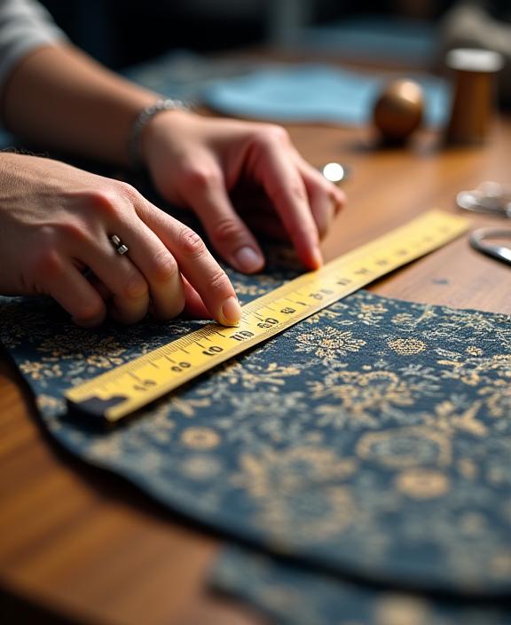Tangan seorang penjahit ahli sedang mengukur kain batik dengan teliti di atas meja kerja.